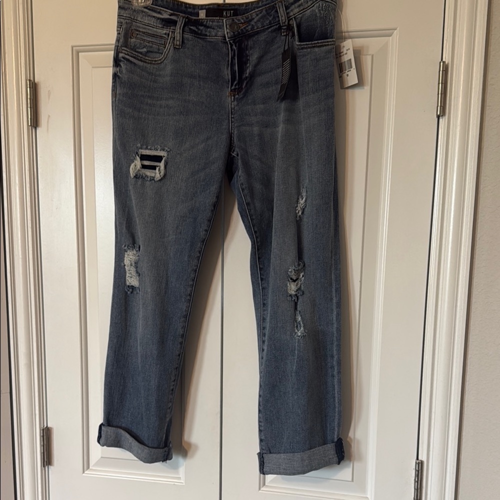NWT Kut from the Kloth Catherine Boyfriend Women's Distressed Blue Jeans Size 10